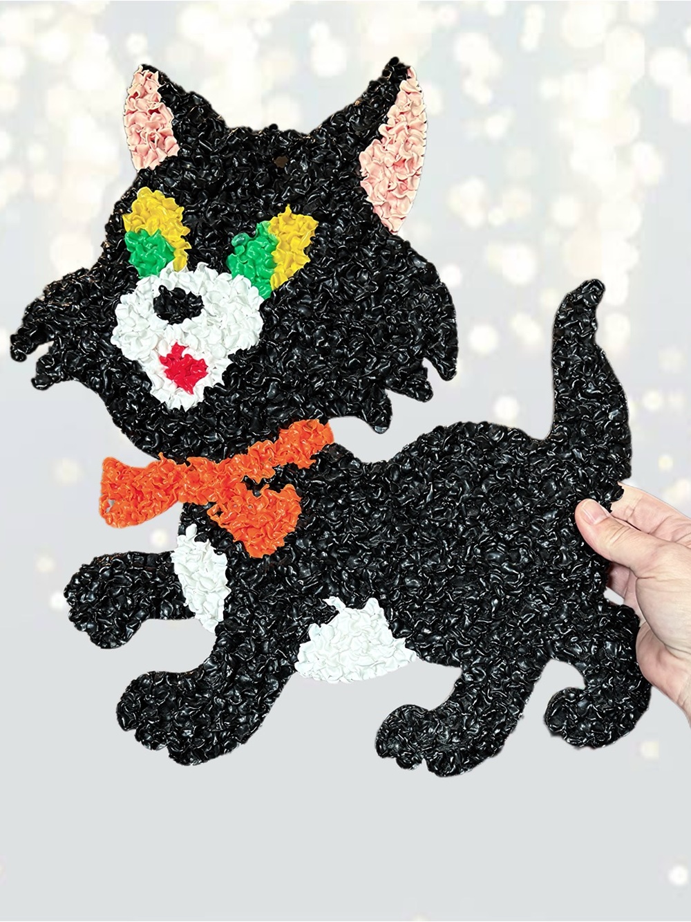 Vintage 1970’s Melted Plastic “Popcorn” Black Cat Halloween Decoration